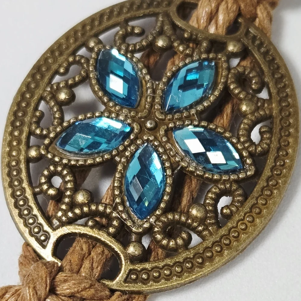 Boho Rope Belt Teal Rhinestone Bronze Floral Medallion Beaded Tie Waist 67